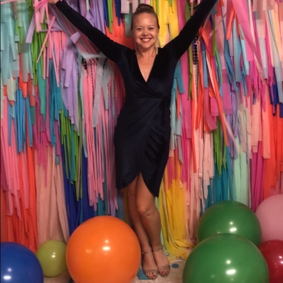 Boohoo Velvet Tie Waist Wrap Midi Dress- Navy - Picture 2 of 14